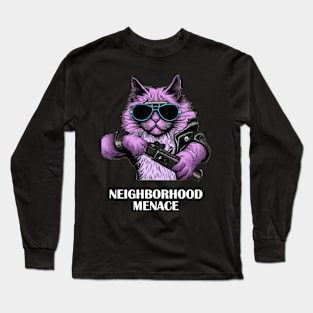 Cat Neighborhood Menace Synthwave Retro Long Sleeve T-Shirt